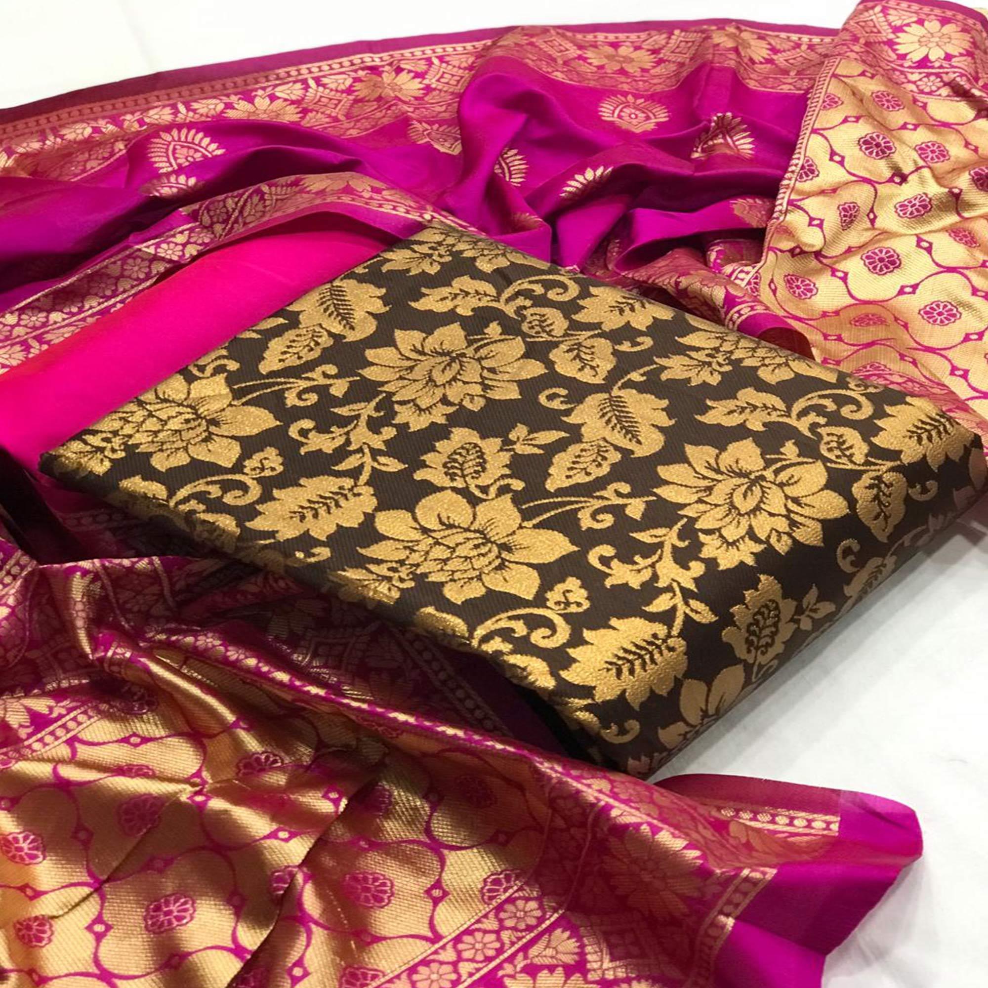 Beautiful Coffee Brown Colored Casual Wear Woven Banarasi Silk Dress Material - Peachmode