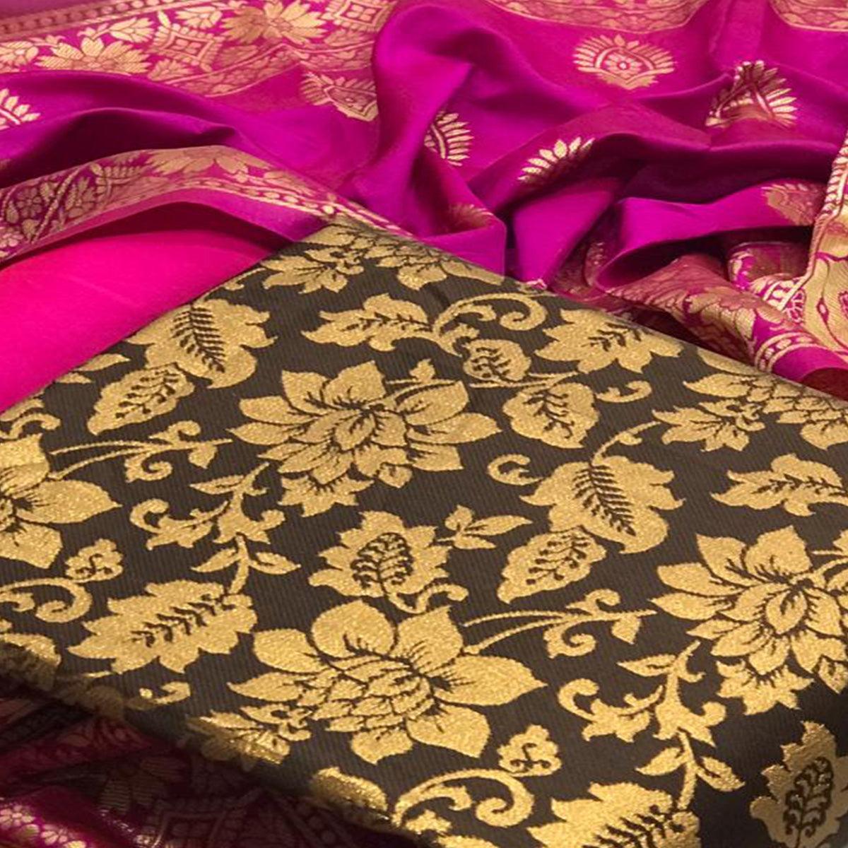 Beautiful Coffee Brown Colored Casual Wear Woven Banarasi Silk Dress Material - Peachmode