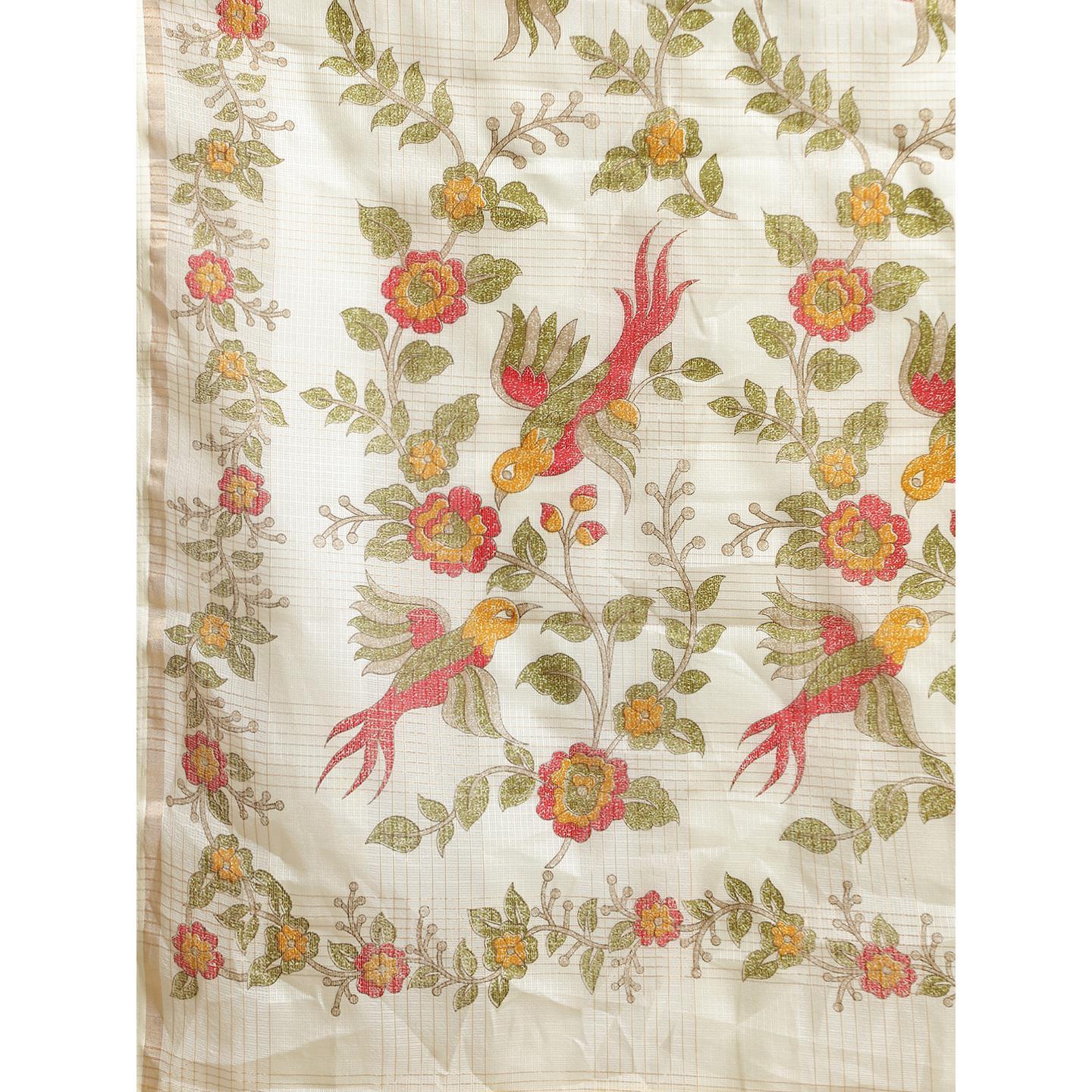 Beautiful Cream Colored Casual Wear Floral Printed Linen Saree - Peachmode