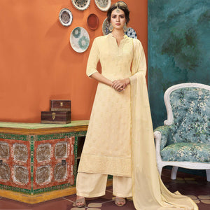 Beautiful Cream Colored Party Wear Embroidered Faux Georgette Palazzo Suit - Peachmode