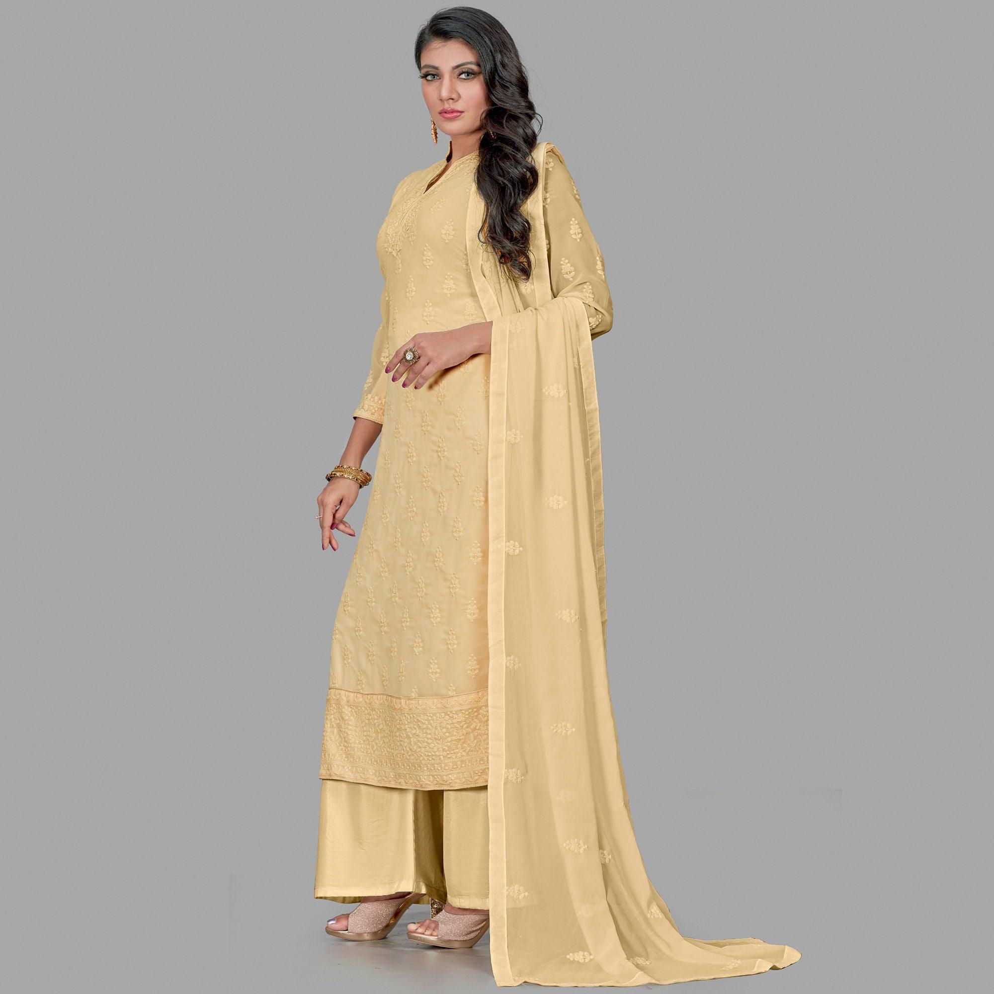 Beautiful Cream Colored Party Wear Embroidered Faux Georgette Palazzo Suit - Peachmode