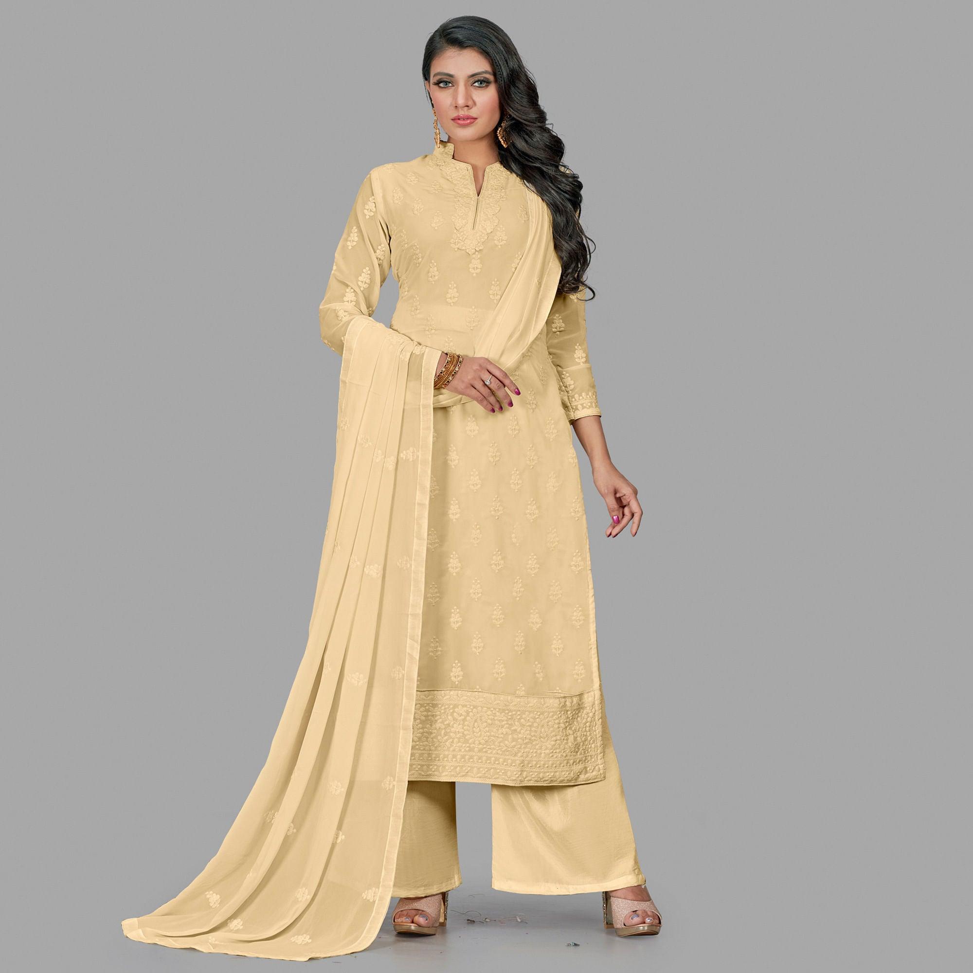 Beautiful Cream Colored Party Wear Embroidered Faux Georgette Palazzo Suit - Peachmode