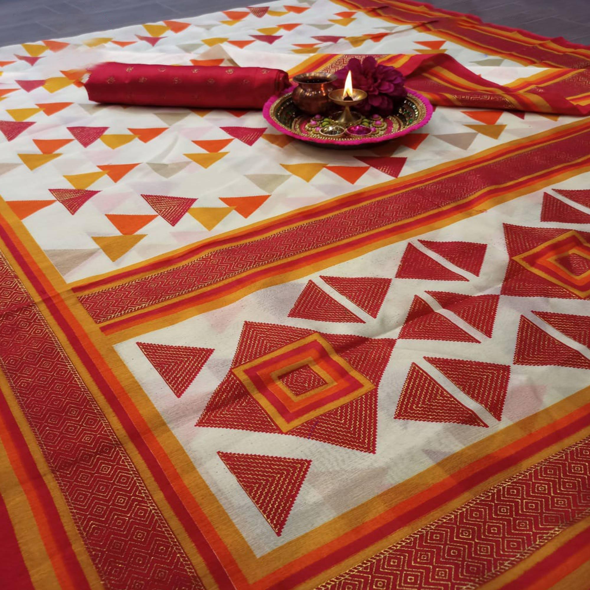 Beautiful Cream-Red Colored Festive Wear Geomatric Foli Print Patola Silk Saree - Peachmode