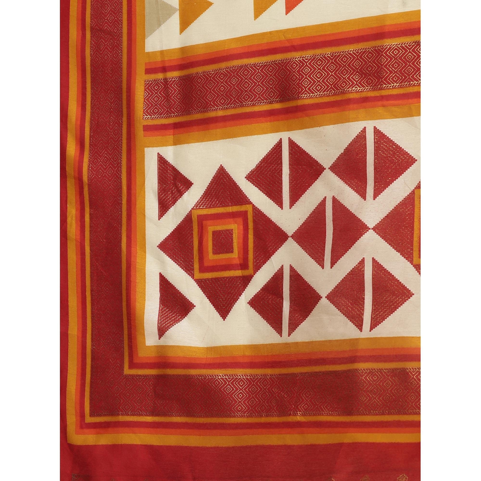 Beautiful Cream-Red Colored Festive Wear Geomatric Foli Print Patola Silk Saree - Peachmode