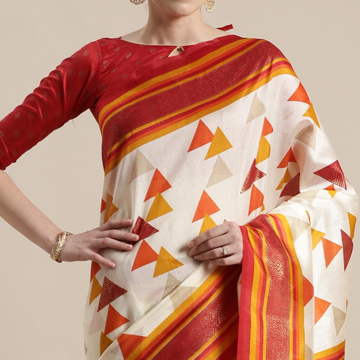 Beautiful Cream-Red Colored Festive Wear Geomatric Foli Print Patola Silk Saree - Peachmode