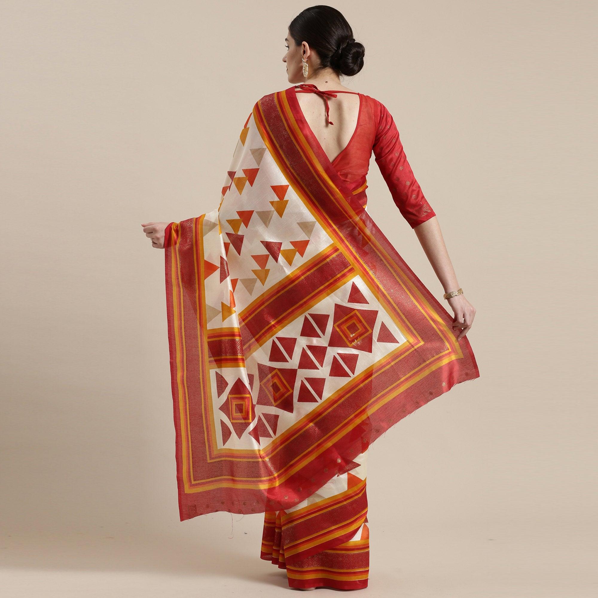 Beautiful Cream-Red Colored Festive Wear Geomatric Foli Print Patola Silk Saree - Peachmode