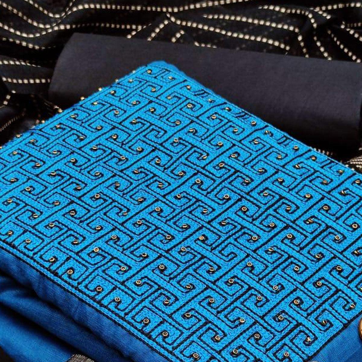 Beautiful Firozi Coloured Casual Wear Embroidered Cotton Dress Material - Peachmode