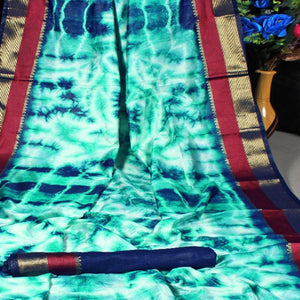 Beautiful Green - Blue Colored Festive Wear Woven Tussar Silk Saree - Peachmode