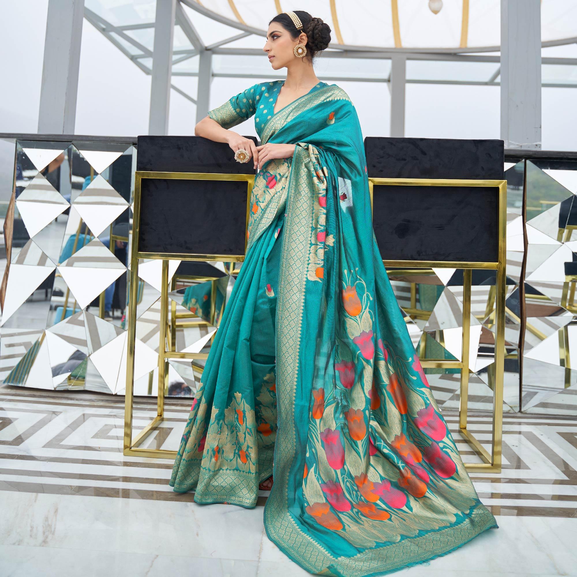 Beautiful Green Colored Festive Wear Printed Dola Weaving Art Silk Saree - Peachmode