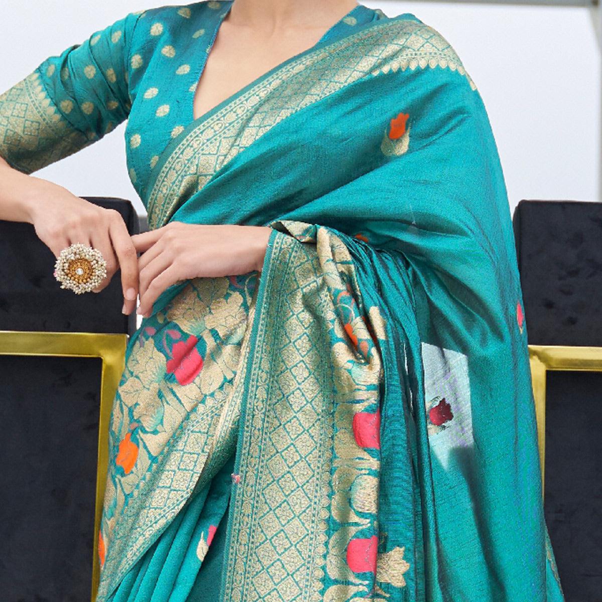 Beautiful Green Colored Festive Wear Printed Dola Weaving Art Silk Saree - Peachmode