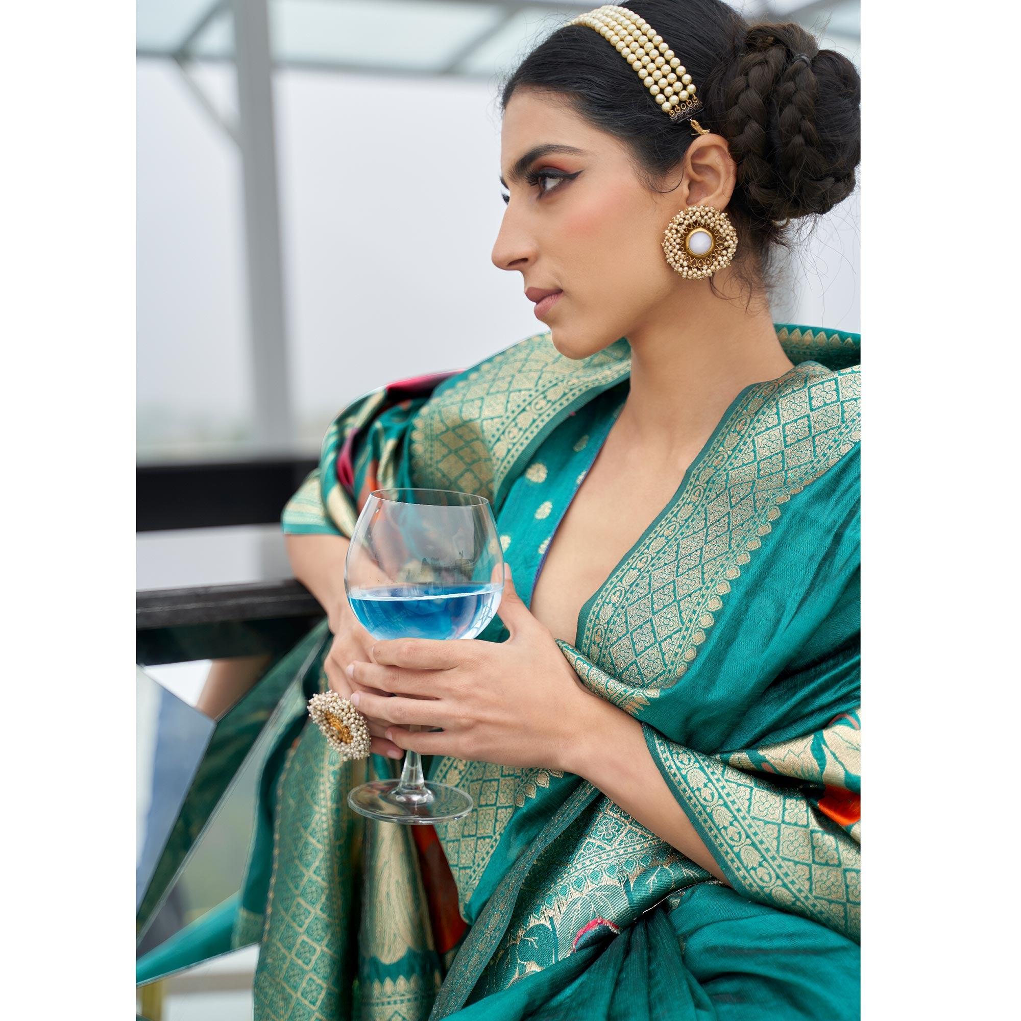 Beautiful Green Colored Festive Wear Printed Dola Weaving Art Silk Saree - Peachmode
