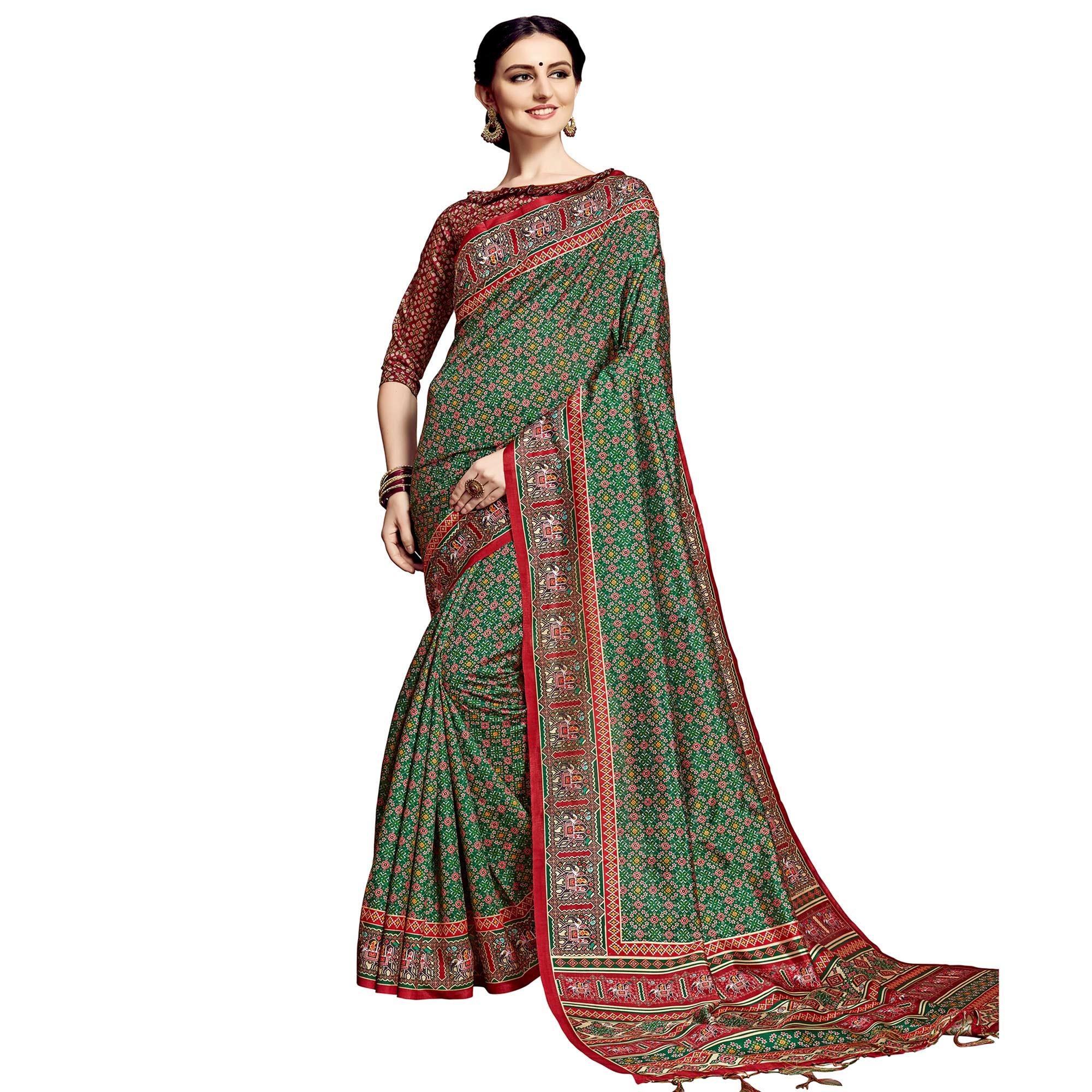 Beautiful Green Colored Festive Wear Printed Silk Saree - Peachmode