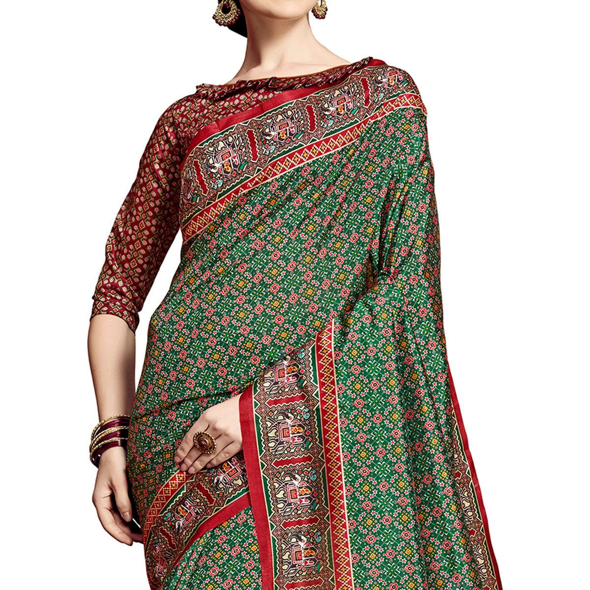 Beautiful Green Colored Festive Wear Printed Silk Saree - Peachmode