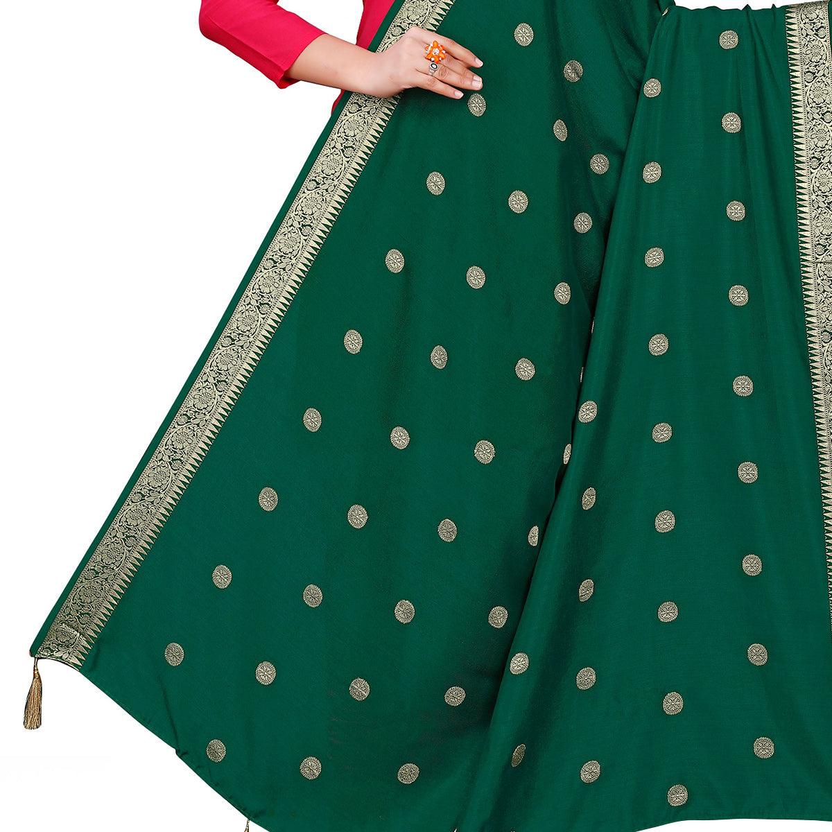 Beautiful Green Colored Festive Wear Woven Art Silk-Viscose Dupatta With Tassels - Peachmode