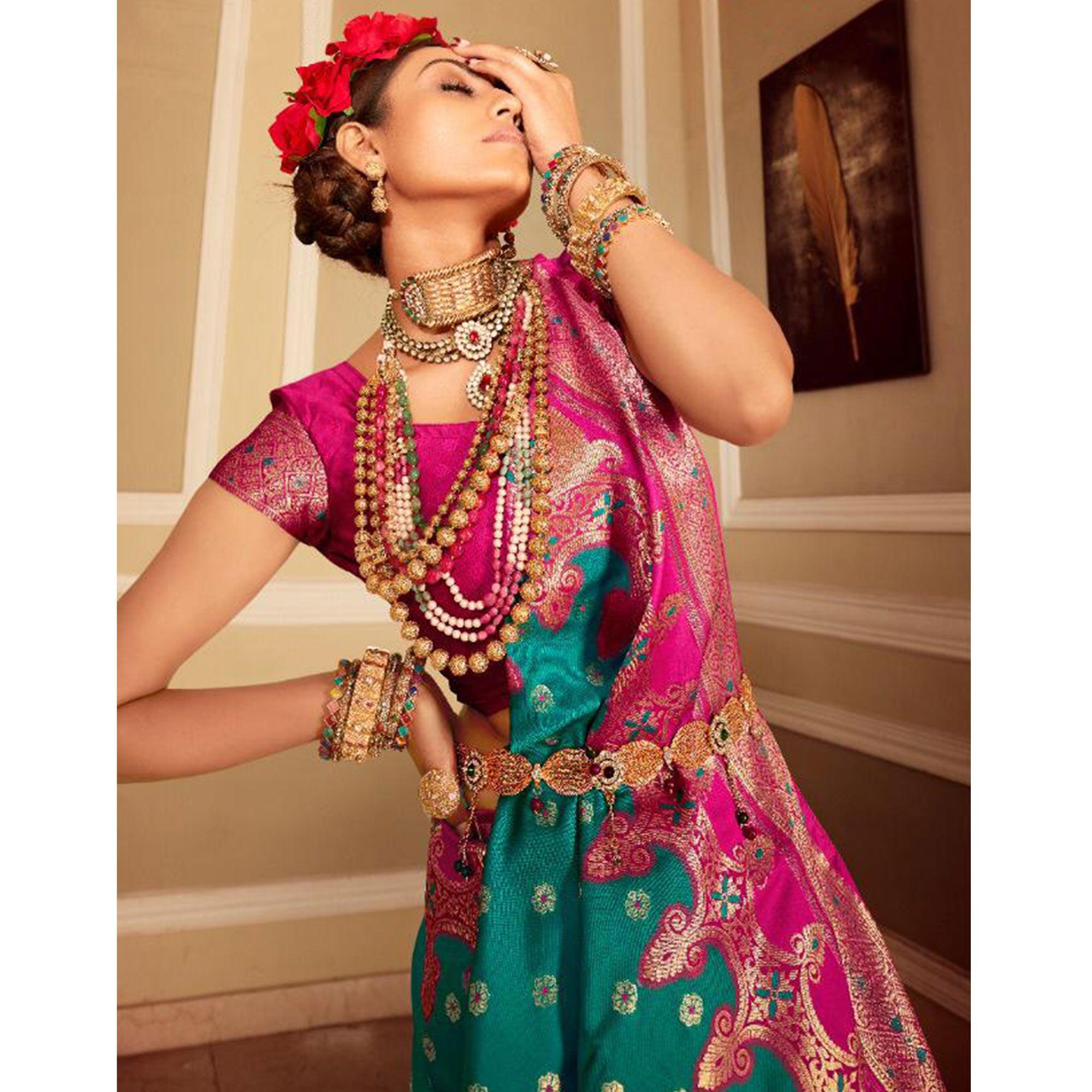 Beautiful Green Colored Festive Wear Woven Banarasi Silk Saree - Peachmode
