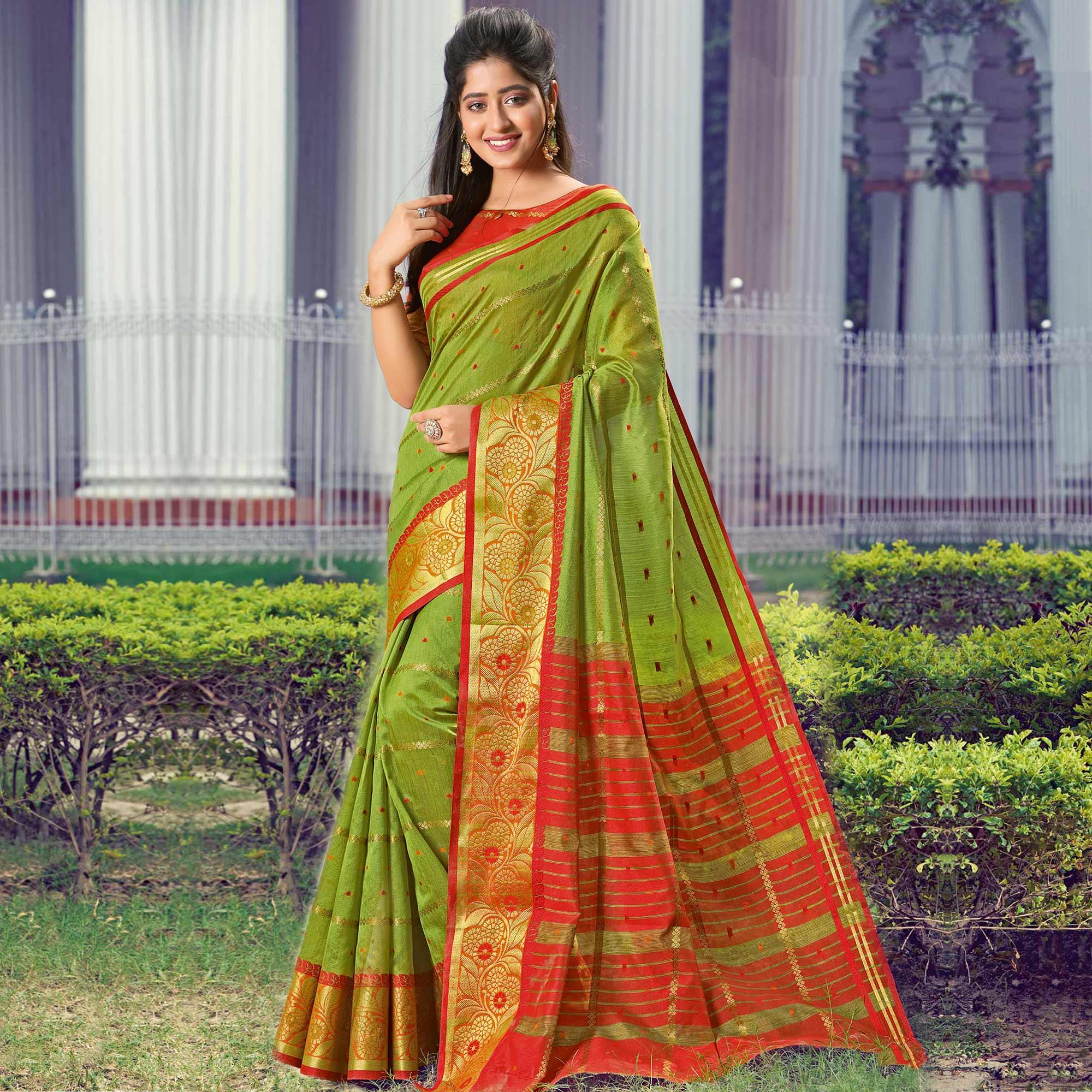 Beautiful Green Colored Festive Wear Woven Handloom Silk Saree - Peachmode