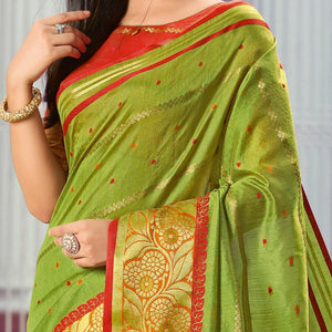 Beautiful Green Colored Festive Wear Woven Handloom Silk Saree - Peachmode