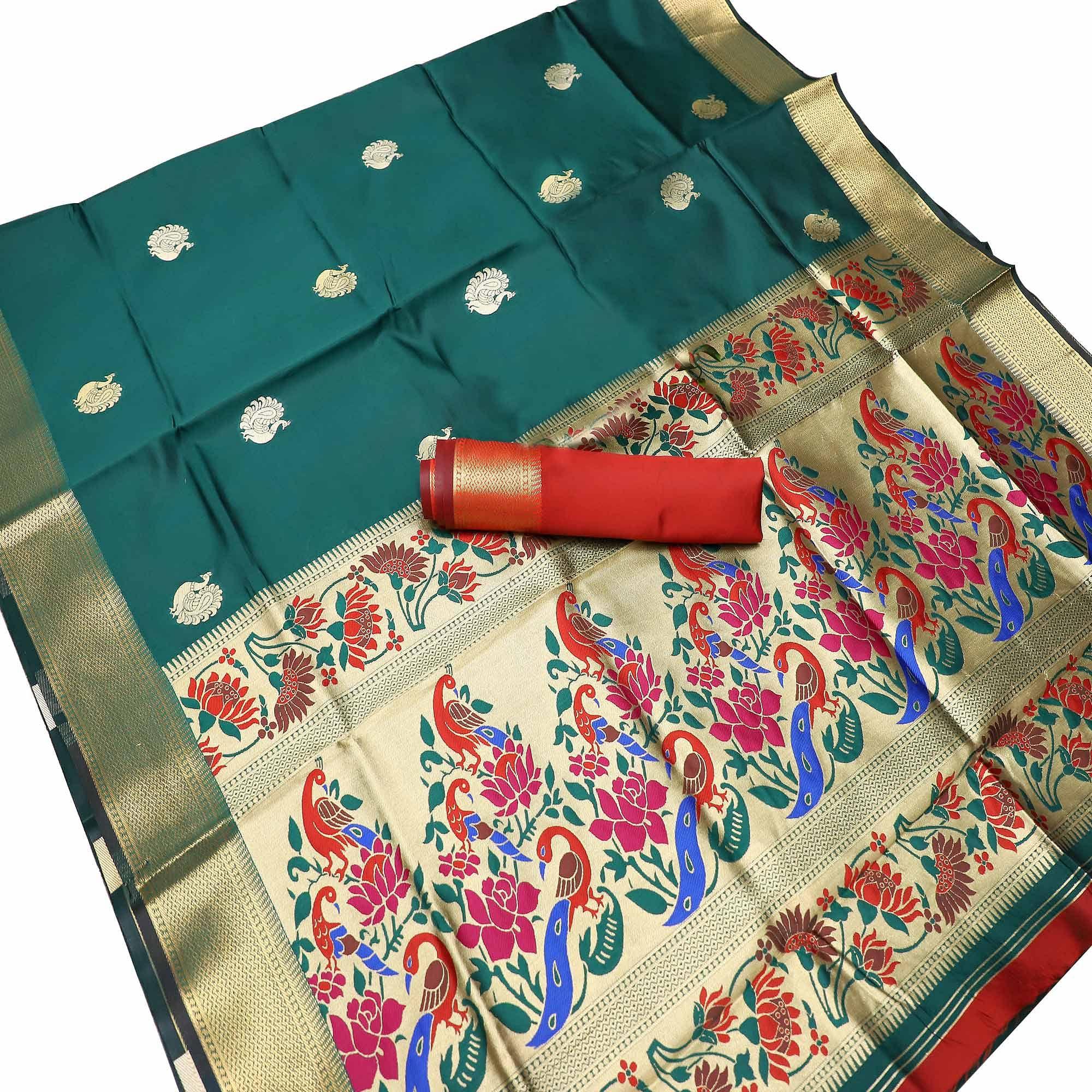 Beautiful Green Colored Festive Wear Woven Kota Art Silk Banarasi Saree - Peachmode
