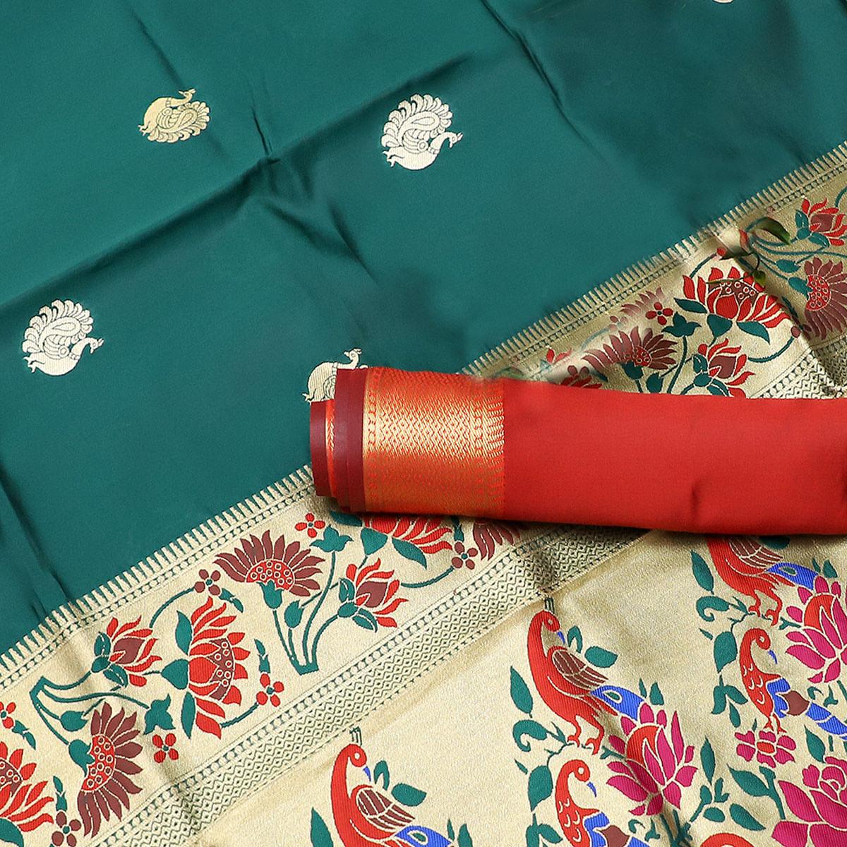 Beautiful Green Colored Festive Wear Woven Kota Art Silk Banarasi Saree - Peachmode