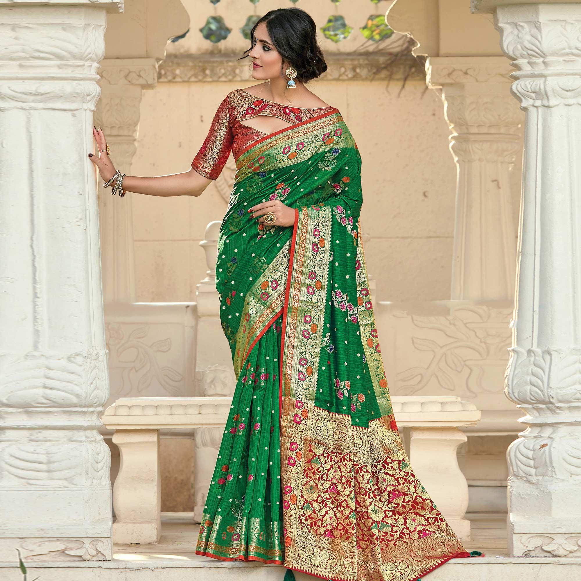 Beautiful Green Colored Festive Wear Woven Silk Saree - Peachmode