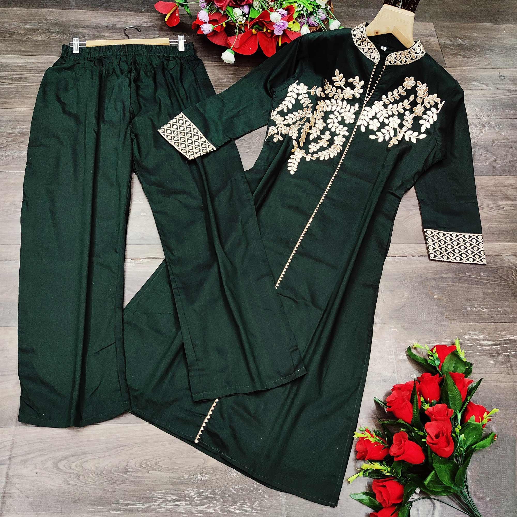 Beautiful Green Colored Partywear Embroidered Pure Viscose Santoori Kurti - Palazzo Set - Peachmode