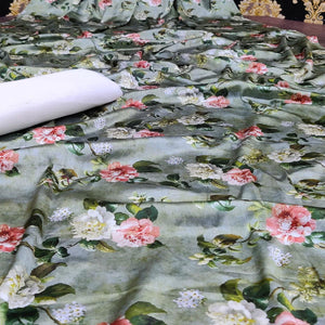 Beautiful Green-White  Colored Casual Wear Digital Floral Printed Satin Saree - Peachmode