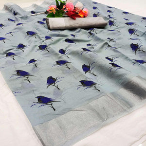 Beautiful Grey Colored Casual Wear Sparrow Block Printed Cotton Linen Saree - Peachmode
