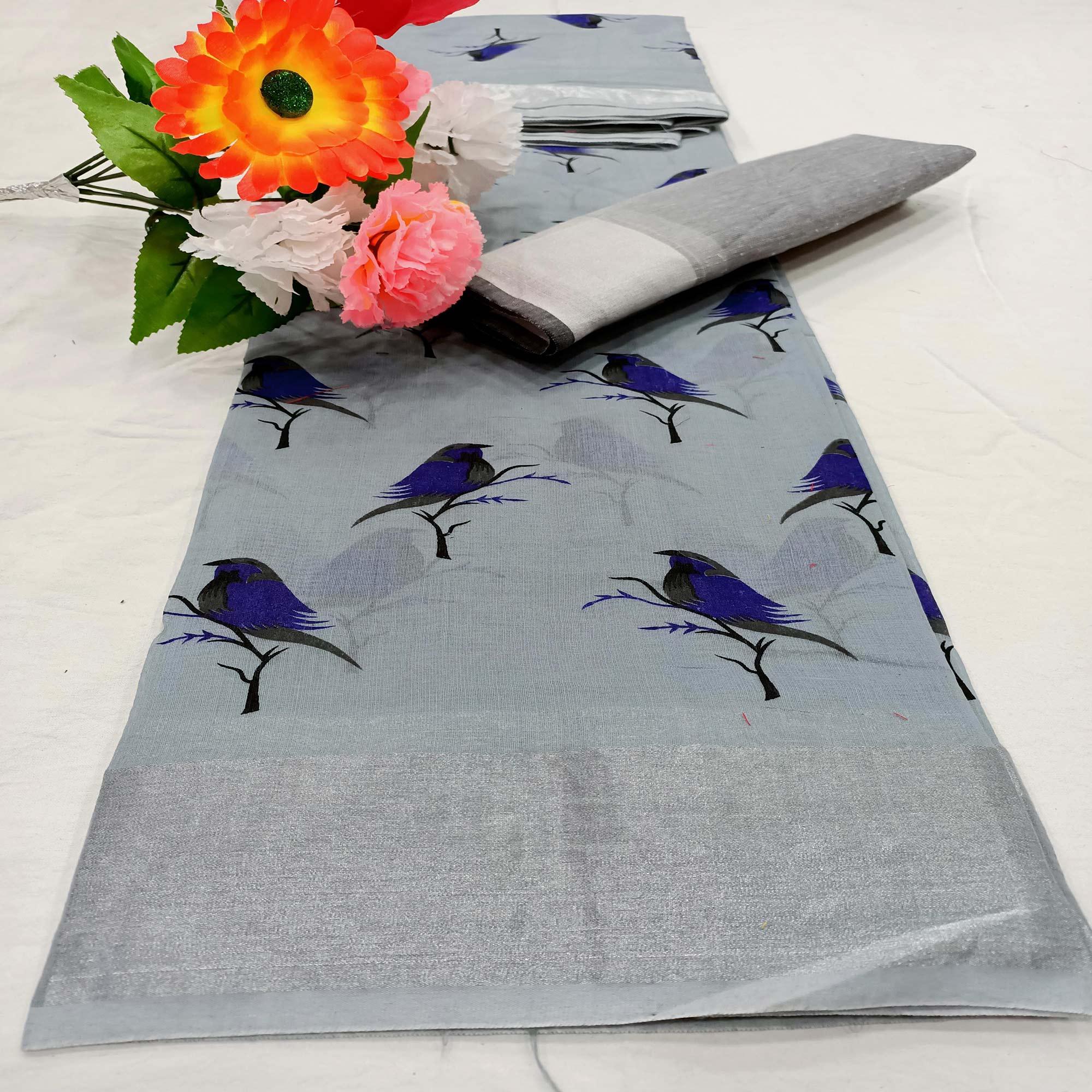 Beautiful Grey Colored Casual Wear Sparrow Block Printed Cotton Linen Saree - Peachmode