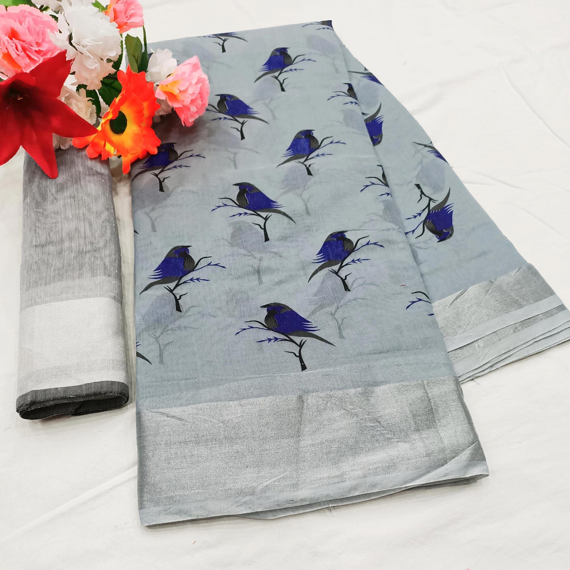 Beautiful Grey Colored Casual Wear Sparrow Block Printed Cotton Linen Saree - Peachmode