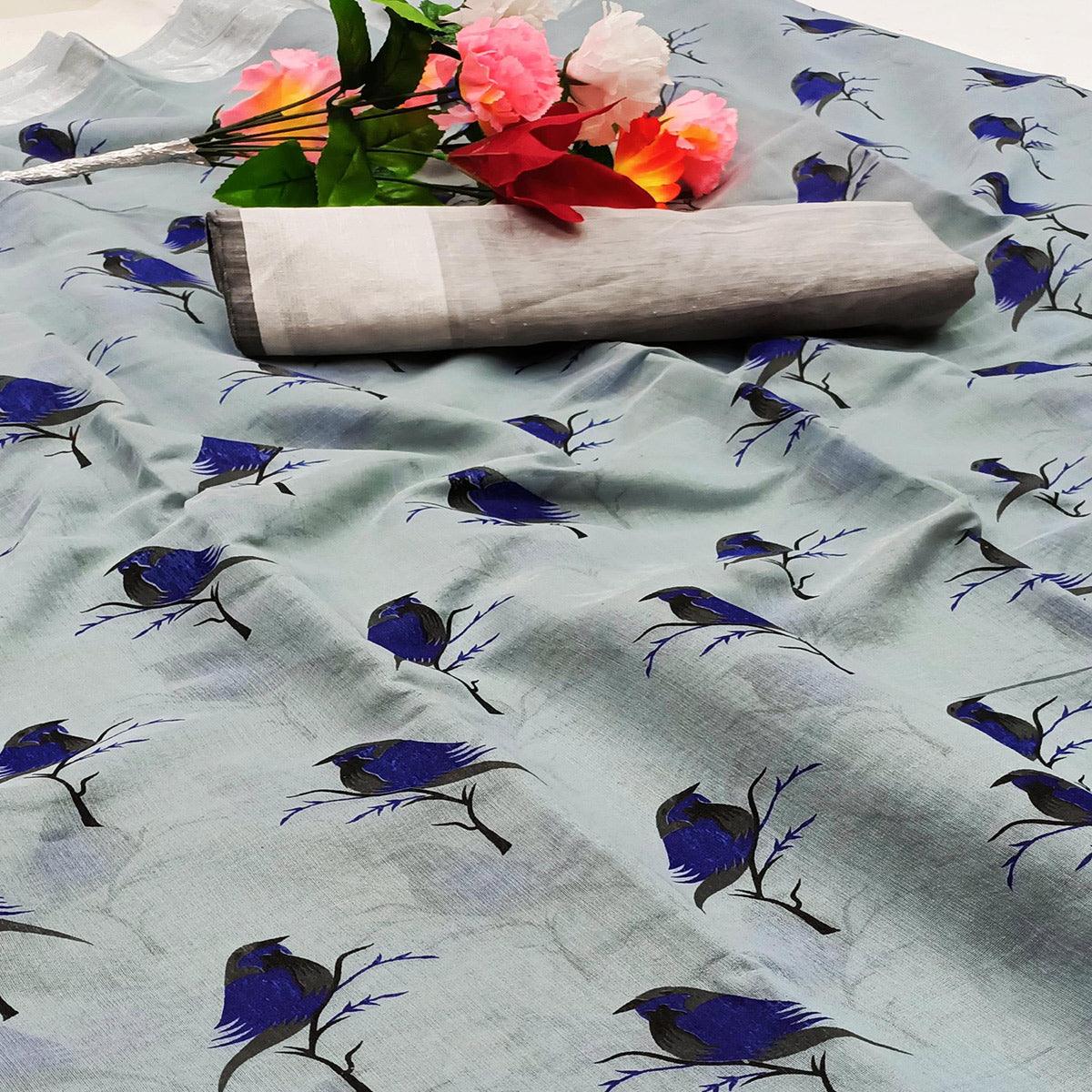 Beautiful Grey Colored Casual Wear Sparrow Block Printed Cotton Linen Saree - Peachmode