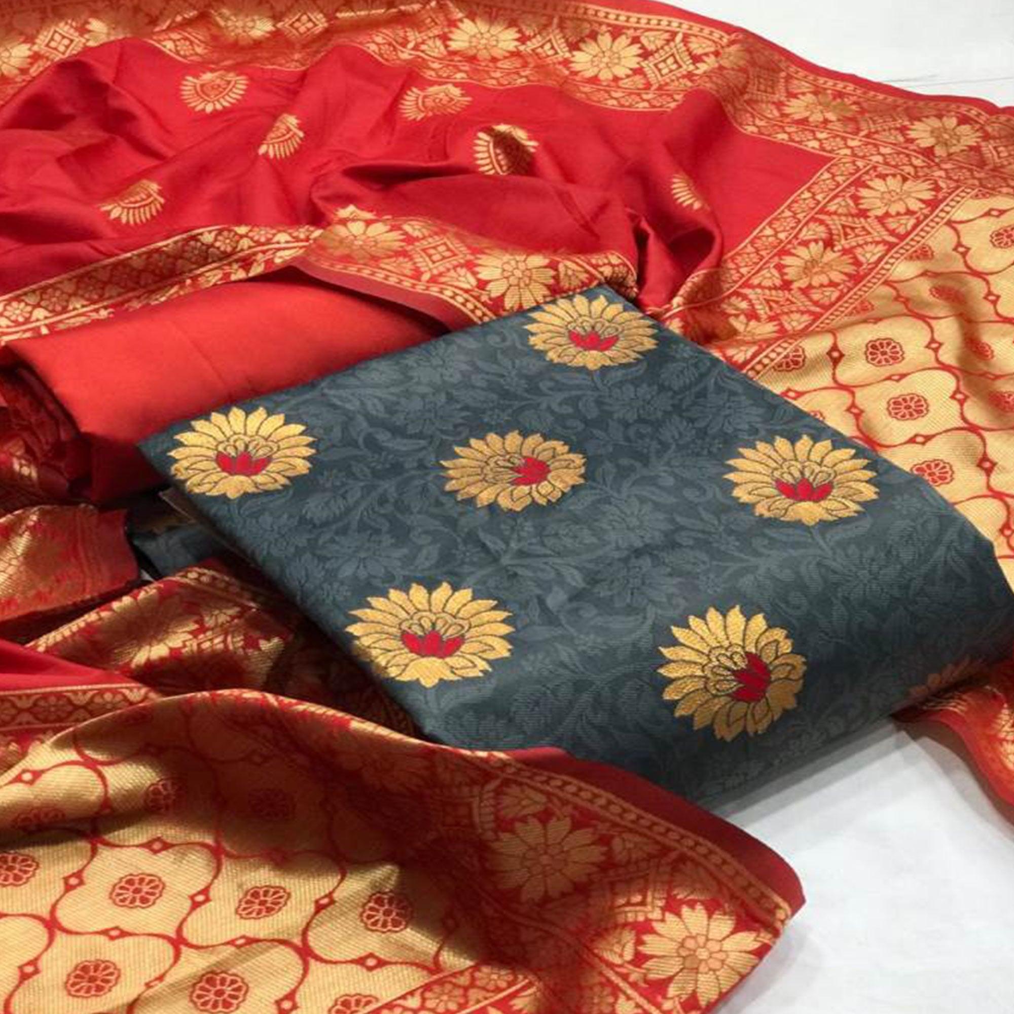 Beautiful Grey Colored Casual Wear Woven Banarasi Silk Dress Material - Peachmode