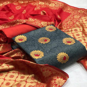 Beautiful Grey Colored Casual Wear Woven Banarasi Silk Dress Material - Peachmode