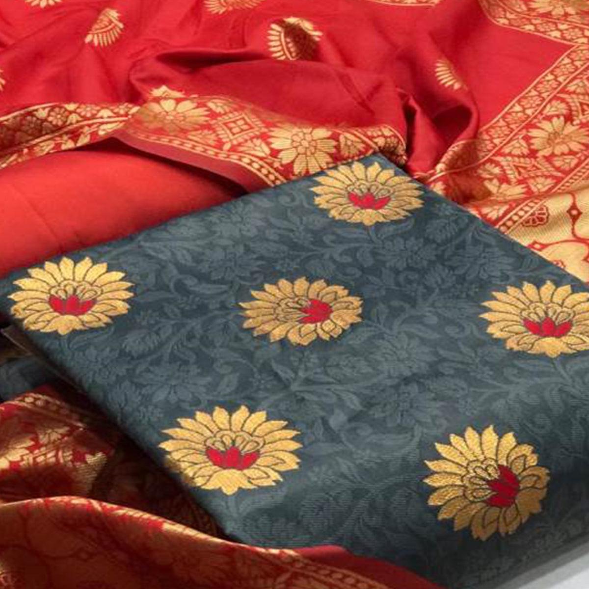 Beautiful Grey Colored Casual Wear Woven Banarasi Silk Dress Material - Peachmode