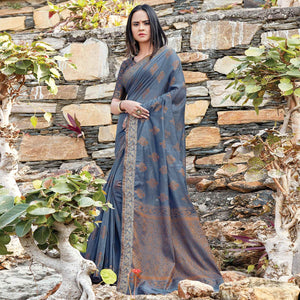 Beautiful Grey Colored Festive Wear Woven Cotton Silk Saree - Peachmode