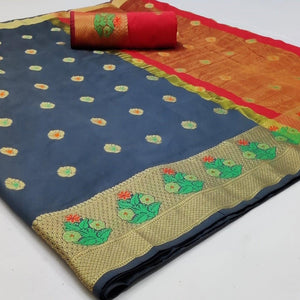 Beautiful Grey Colored Festive Wear Woven Soft Silk Saree - Peachmode