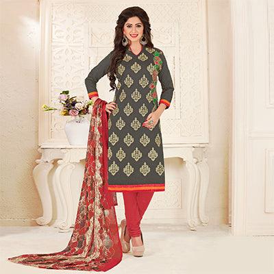 Beautiful Grey Colored Partywear Embroidered Chanderi Suit - Peachmode