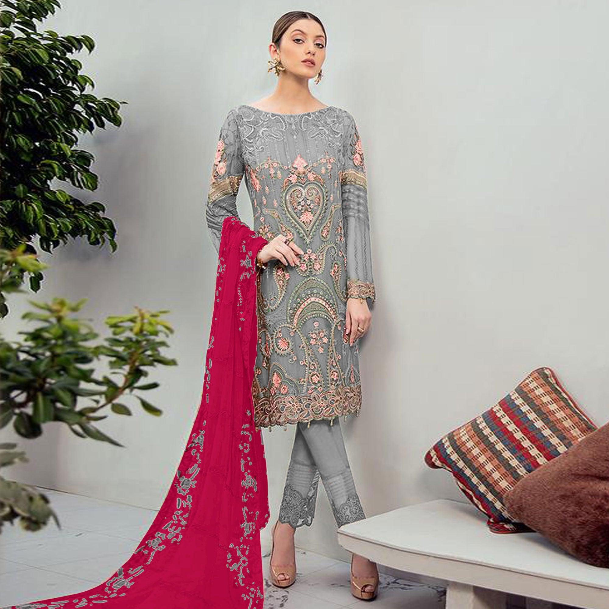Beautiful Grey Colored Partywear Embroidered Georgette Staright Suit - Peachmode