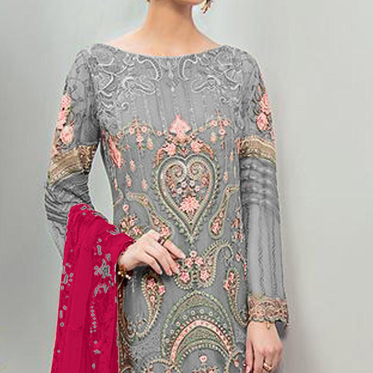 Beautiful Grey Colored Partywear Embroidered Georgette Staright Suit - Peachmode
