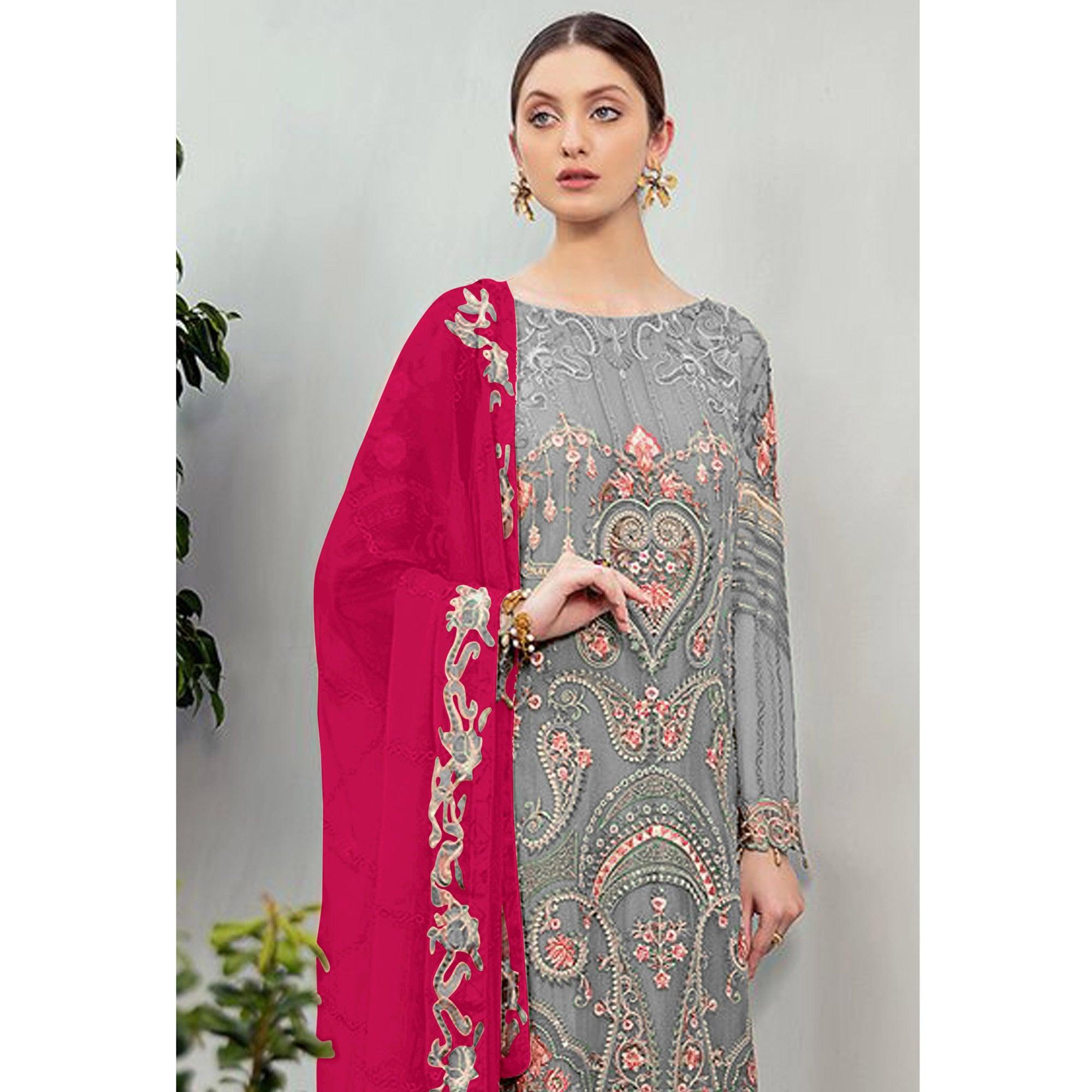 Beautiful Grey Colored Partywear Embroidered Georgette Staright Suit - Peachmode
