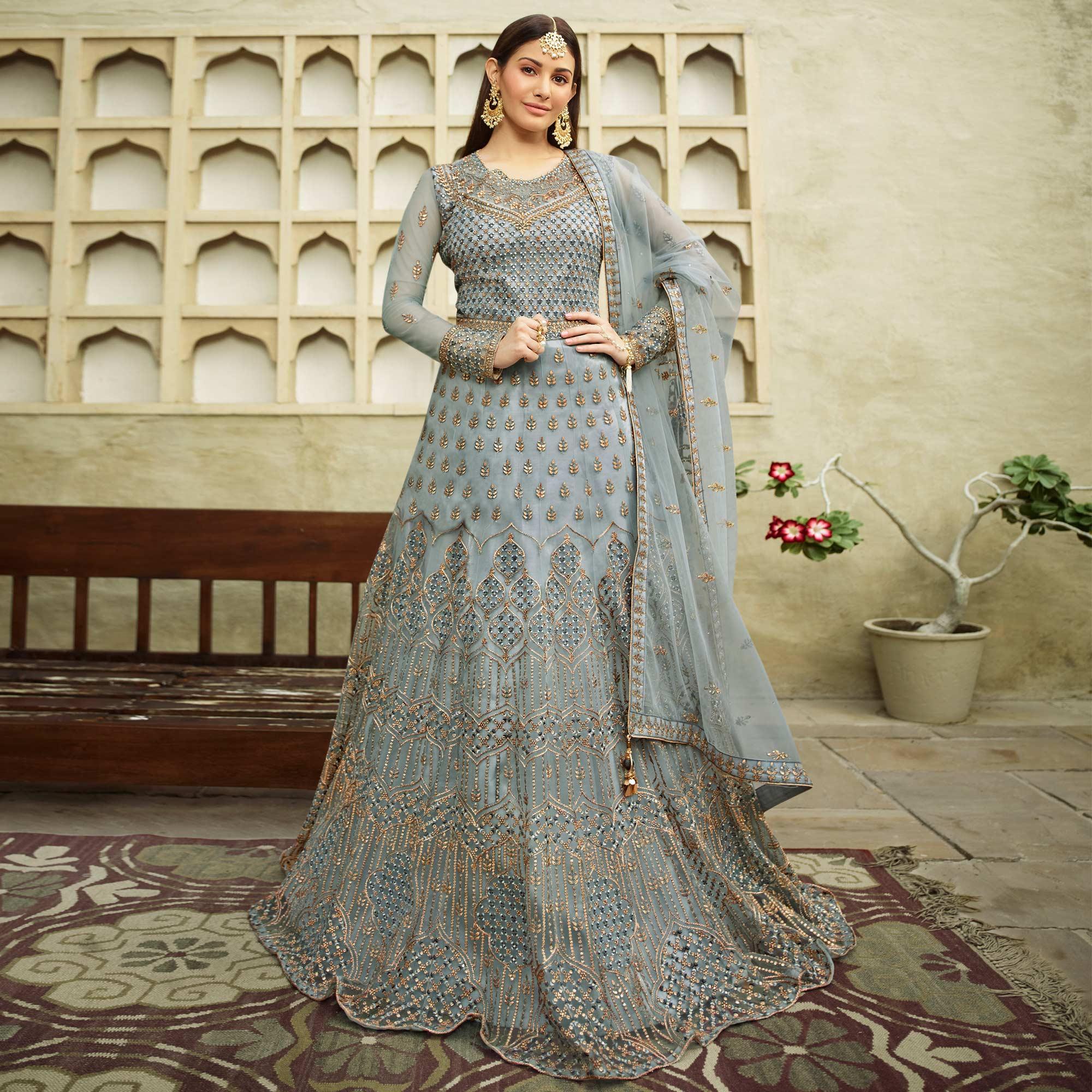 Beautiful Grey Coloured Partywear Embroidered Net Anarkali Suit - Peachmode