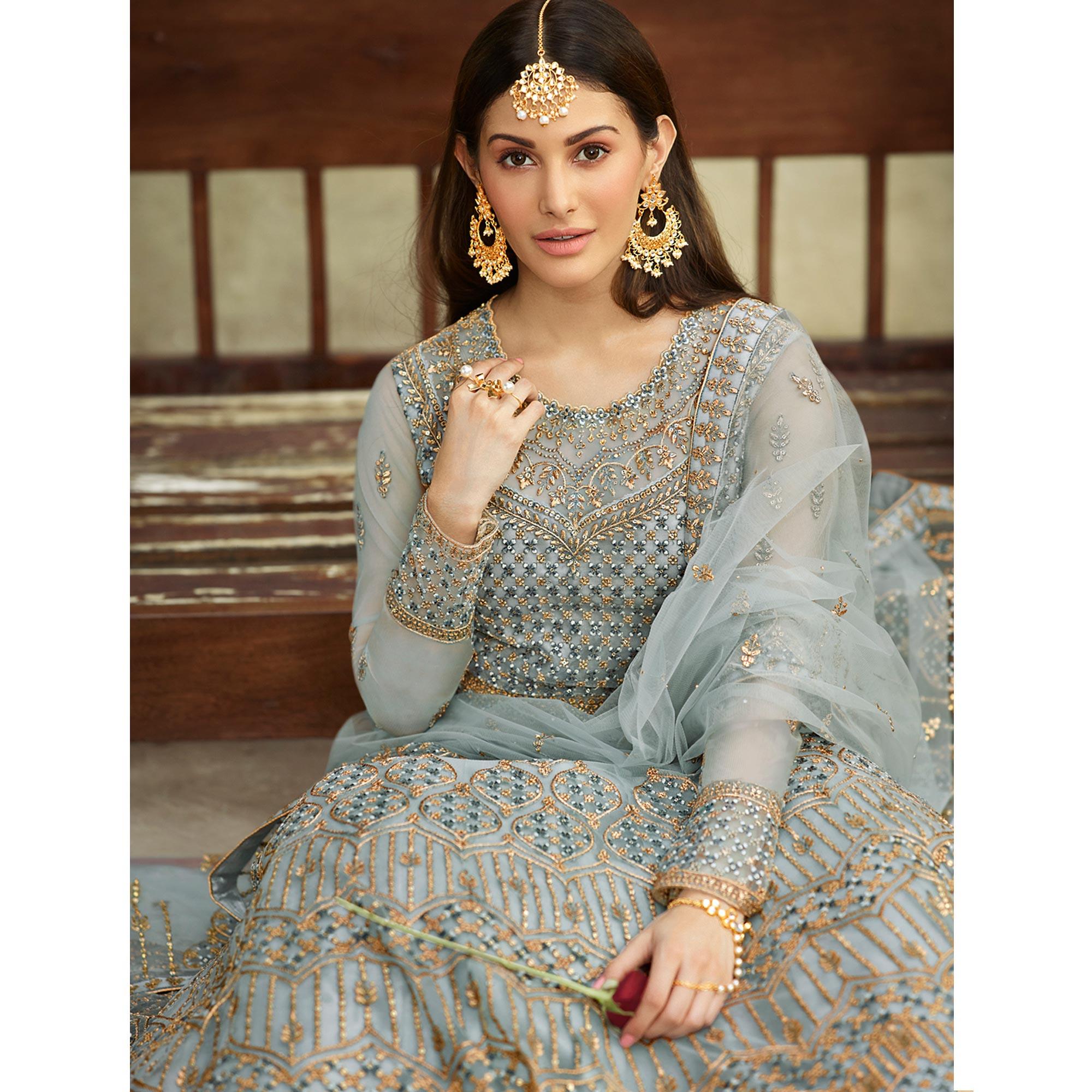 Beautiful Grey Coloured Partywear Embroidered Net Anarkali Suit - Peachmode