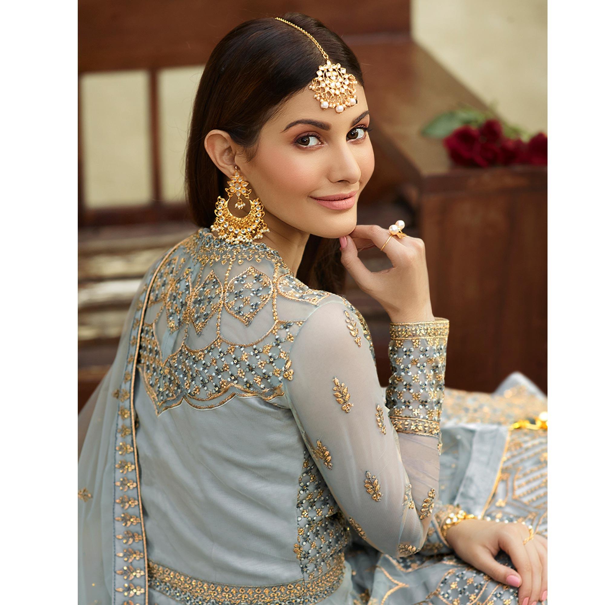 Beautiful Grey Coloured Partywear Embroidered Net Anarkali Suit - Peachmode