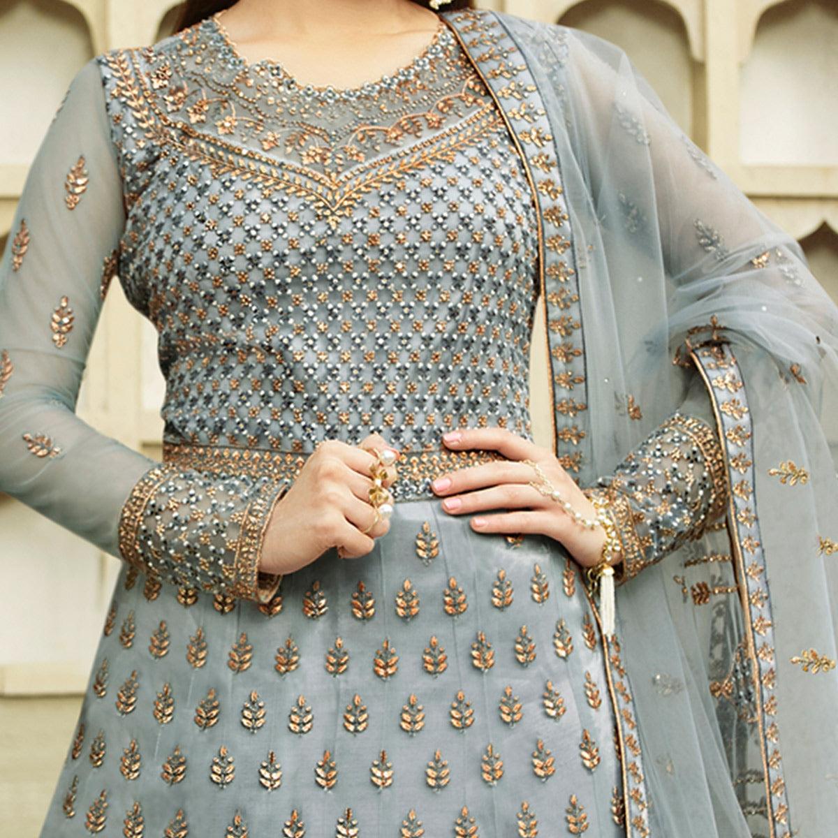 Beautiful Grey Coloured Partywear Embroidered Net Anarkali Suit - Peachmode