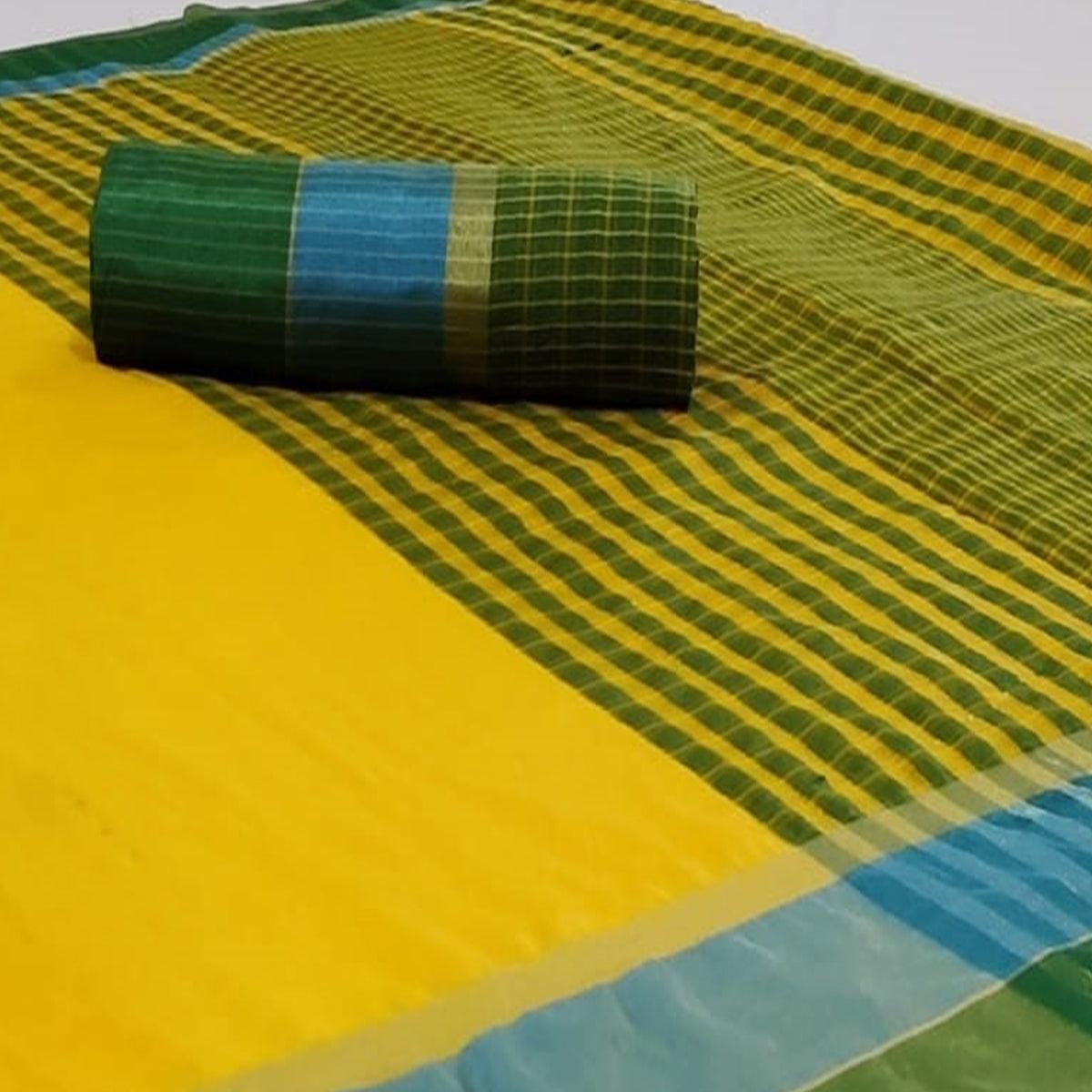 Beautiful Lemon Yellow Colored Festive Wear Woven Cotton Saree - Peachmode