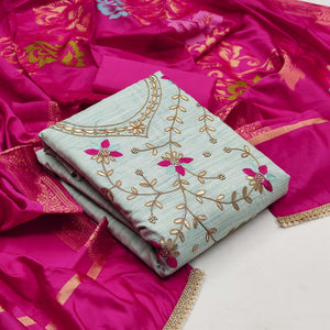 Beautiful Light Blue Colored Festive Wear Embroidered Handloom Cotton Dress Material - Peachmode