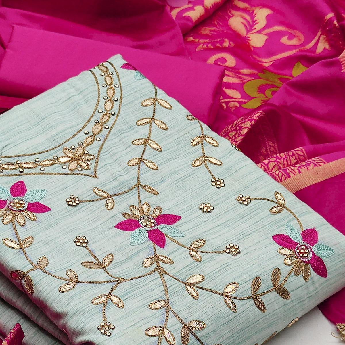 Beautiful Light Blue Colored Festive Wear Embroidered Handloom Cotton Dress Material - Peachmode