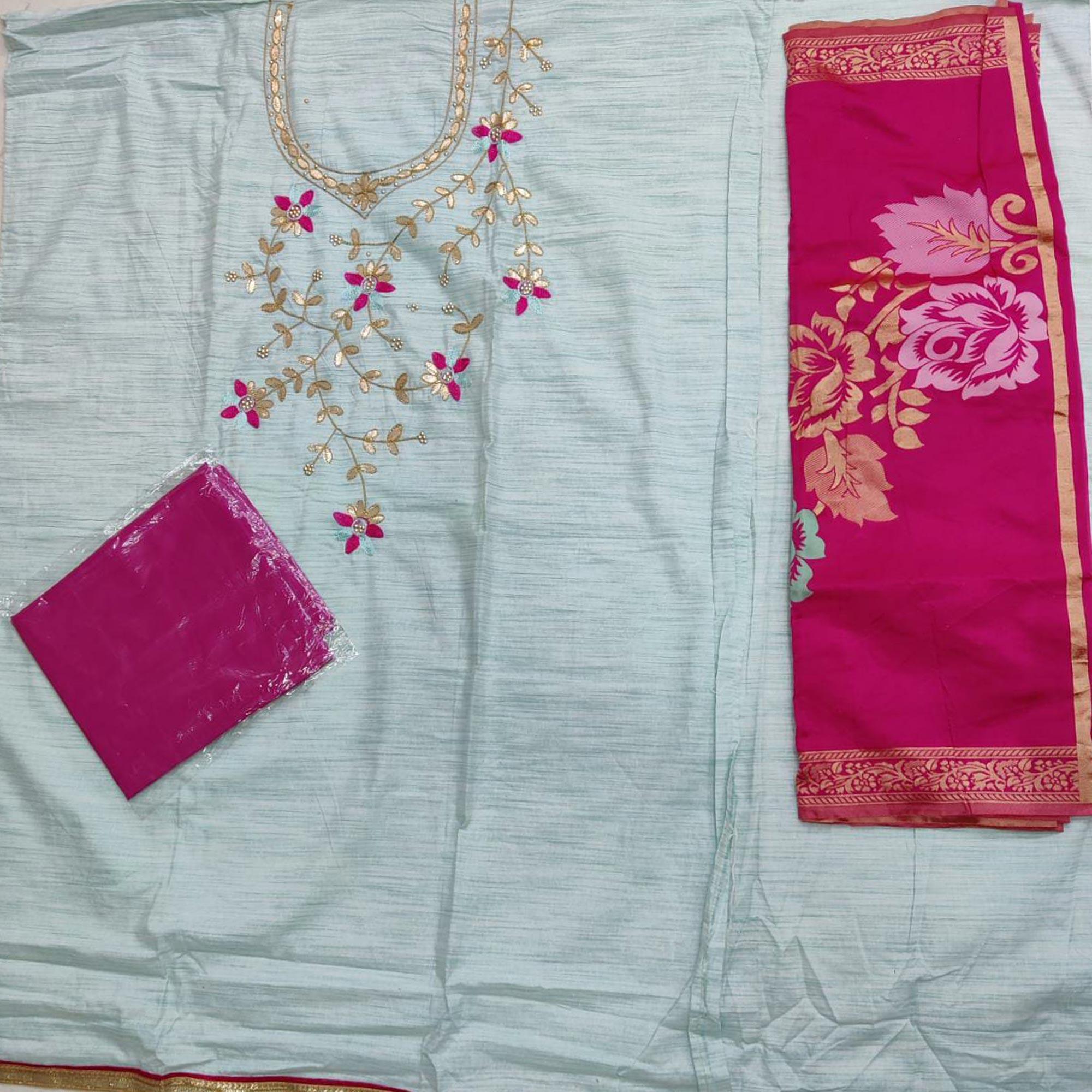Beautiful Light Blue Colored Festive Wear Embroidered Handloom Cotton Dress Material - Peachmode