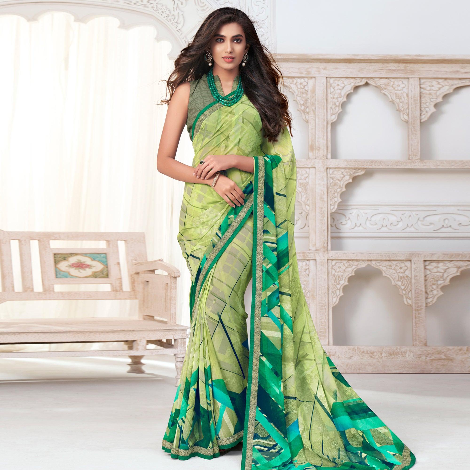Beautiful Light Green Colored Casual Wear Printed Pure Georgette Saree - Peachmode