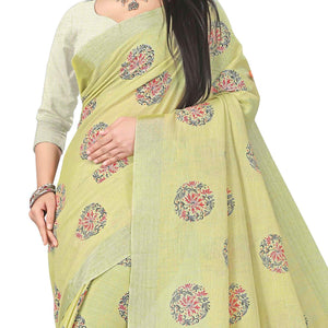 Beautiful Light Olive Green Colored Party Wear Block Print Linen Saree - Peachmode