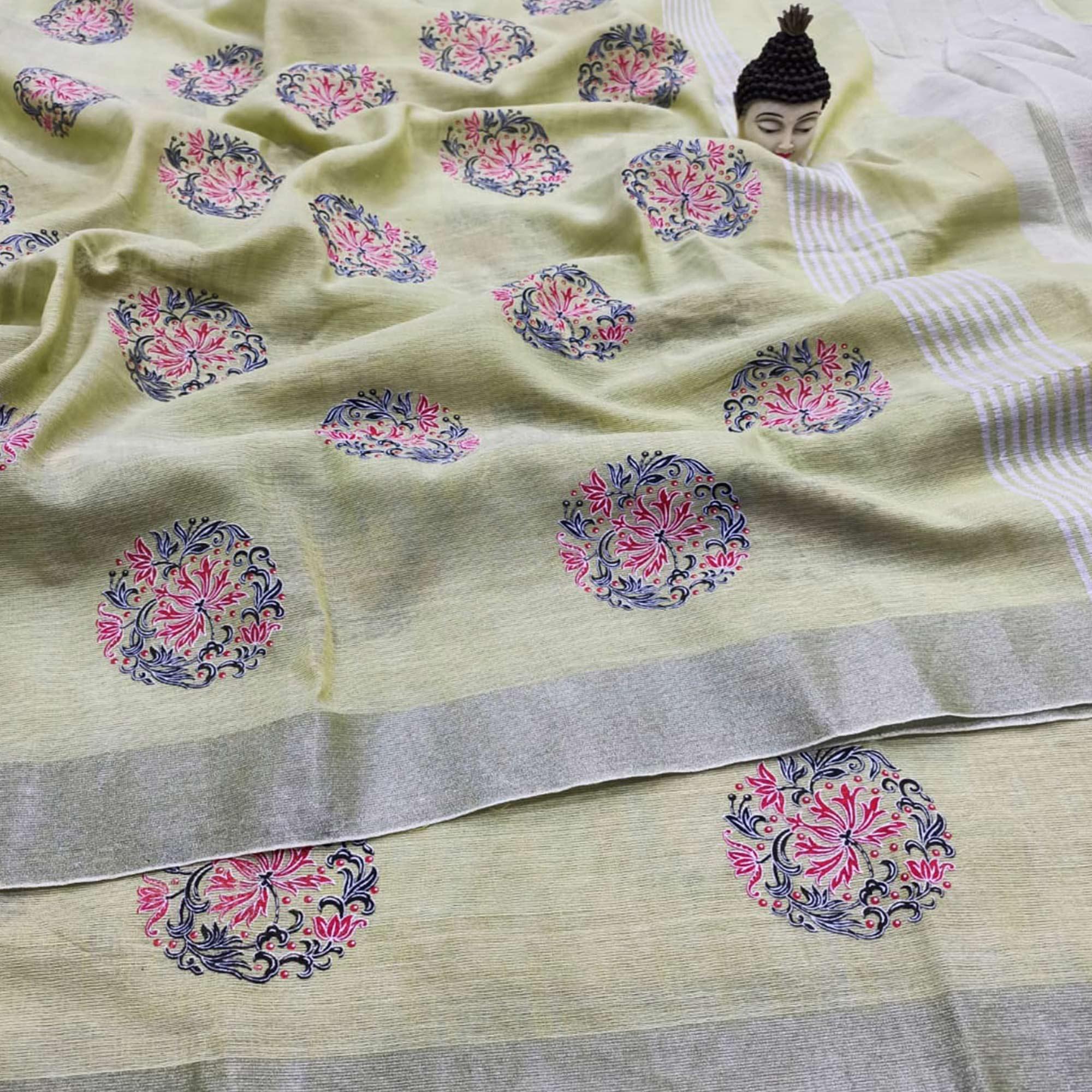 Beautiful Light Olive Green Colored Party Wear Block Print Linen Saree - Peachmode